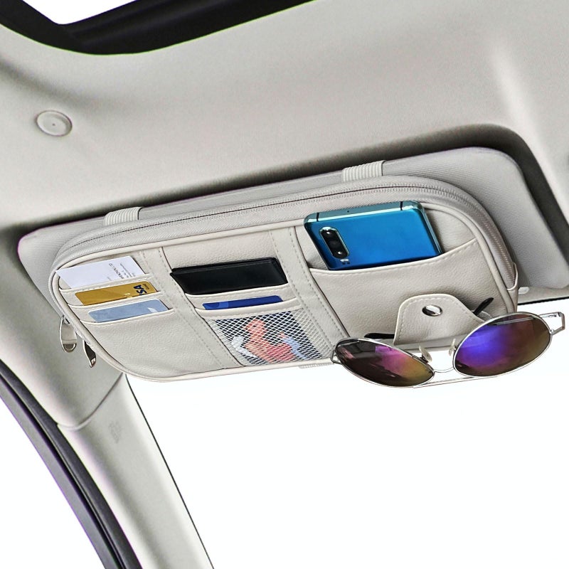 Da by Car Visor Organier Truck SUV Sun Visor Storage Pocket PU Leather Pouch Holder with Multi-Pocket Double Zipper Net Pocket, for Cards Pens Sunglasses Document (Cream Grey) - Image 1